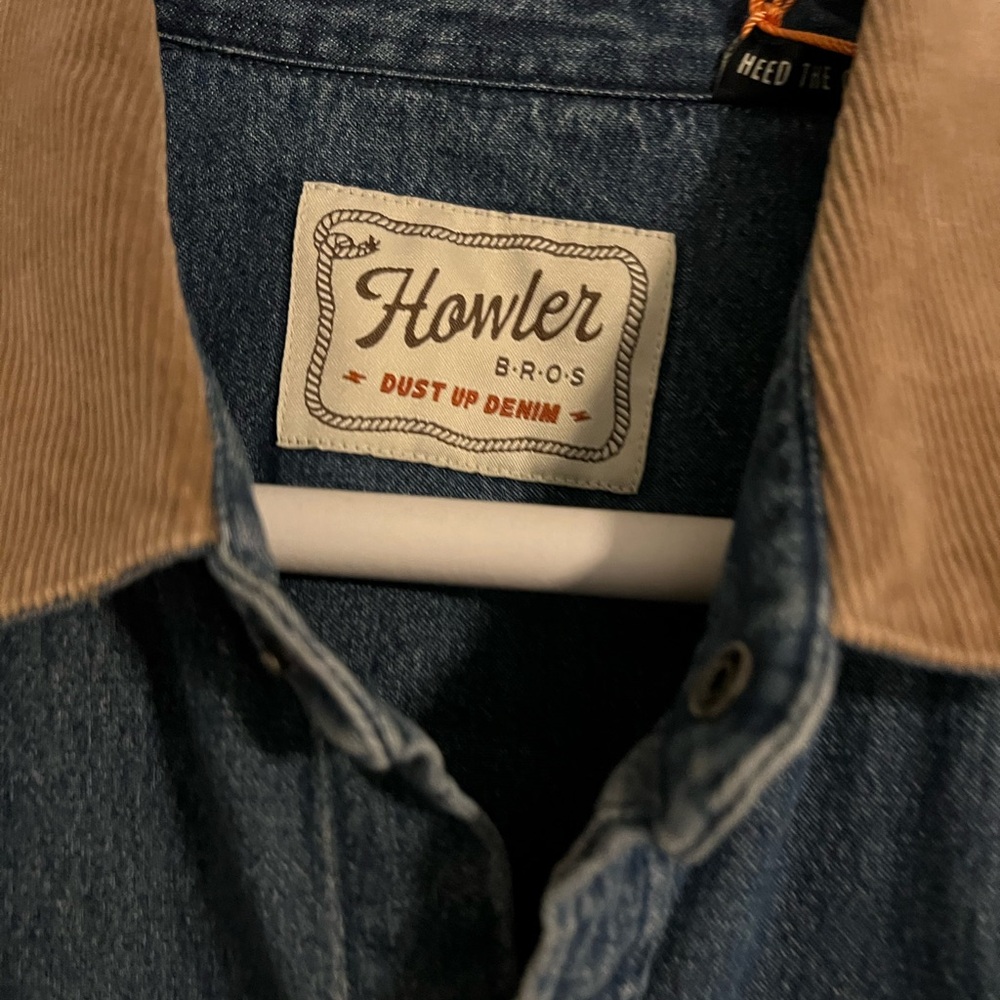 Howler Brothers Blue Denim Button Down Shirt with Tan Collar - Picture 2 of 4
